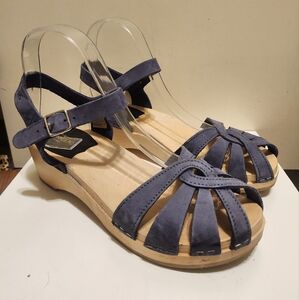 Swedish Hasbeens Blue Braided Leather Strappy Open Toe Clogs Sz.7/37 Ret. $269